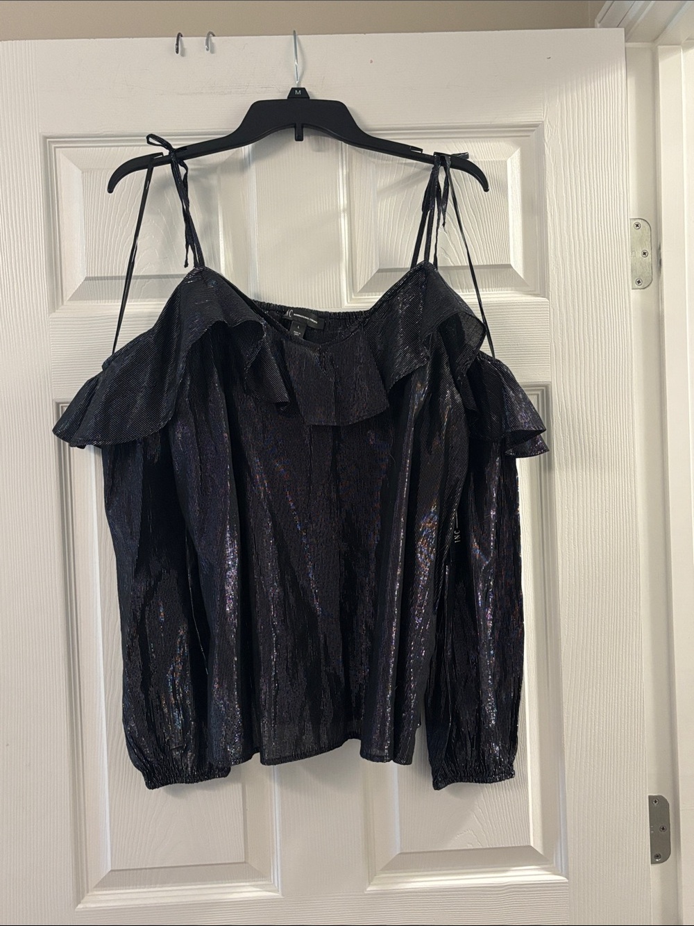 INC International Concepts Black Iridescent Cold-Shoulder Ruffle Top
